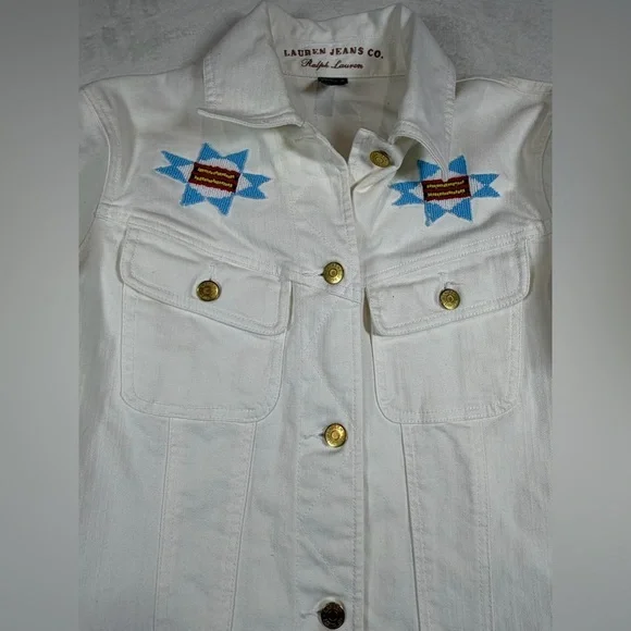 Women’s Polo Ralph Lauren White Jean Jacket Western Southwest Embroidered Bead - Picture 5 of 11